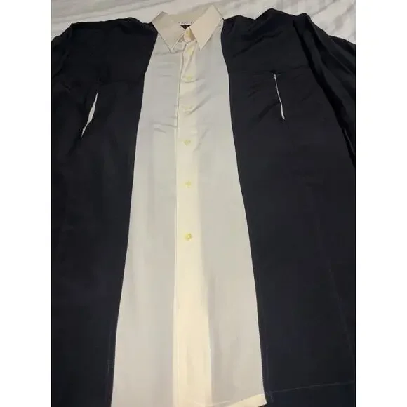 VINTAGE MENS GENELLI Black And Cream Two Tone SILK SHIRT NEHRU COLLAR XL Tall - Picture 7 of 8